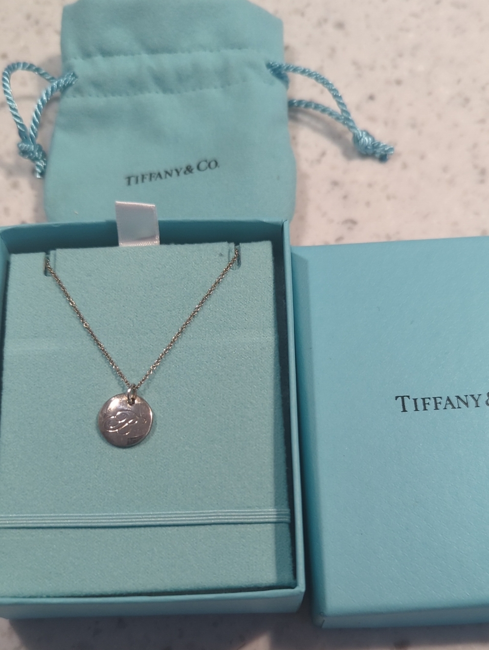 Tiffany & Co. Silver Round Pendant Necklace - Tiffany Blue Accents Letter B.